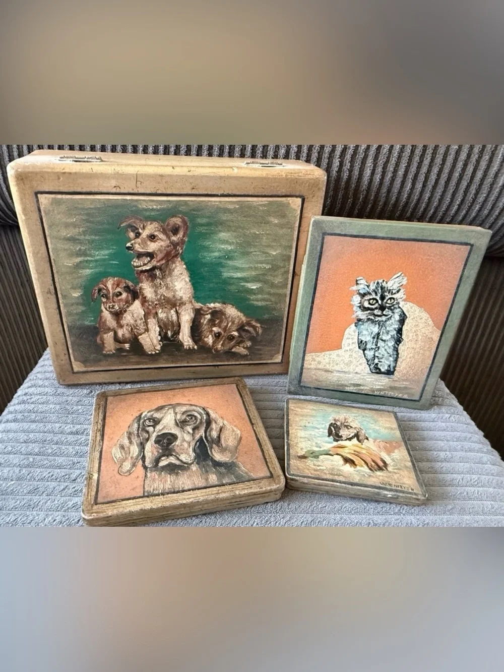 Antique Handpainted Signed Meyer Dog Cat Tin Boxes Jewelry Trinket Lot Of 4